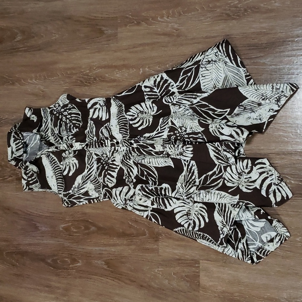 (M) IZ Byer Palm Print Lightweight Sleeveless Fit & Flare Assymetrical Midi